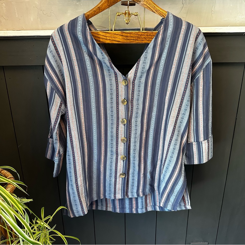 RD & Kokio Anthropologie Blue Striped 3/4 Sleeve V-neck Button Up Blouse sz MED